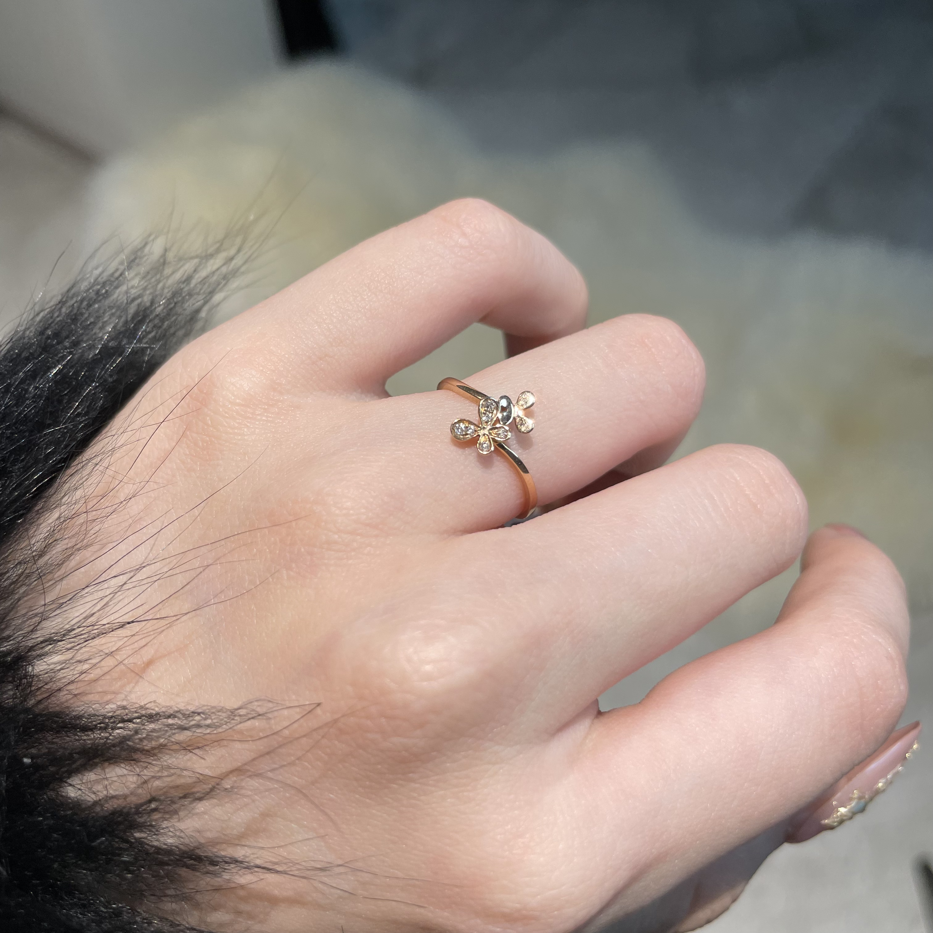 18K金天然钻石戒指时尚精致金镶钻双生蝴蝶百搭11号