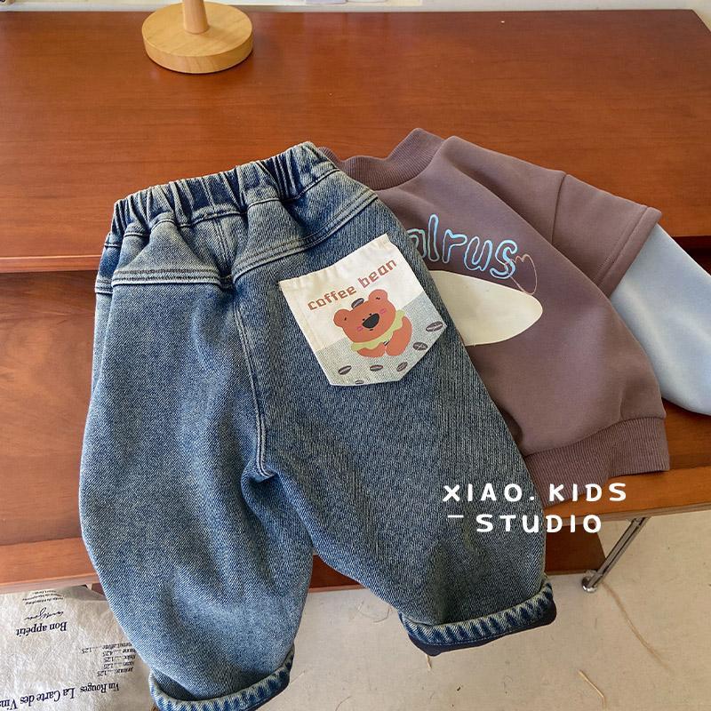 【小童】巨好穿~儿童冬季韩系小熊口袋一体绒加绒牛仔裤男童秋冬加