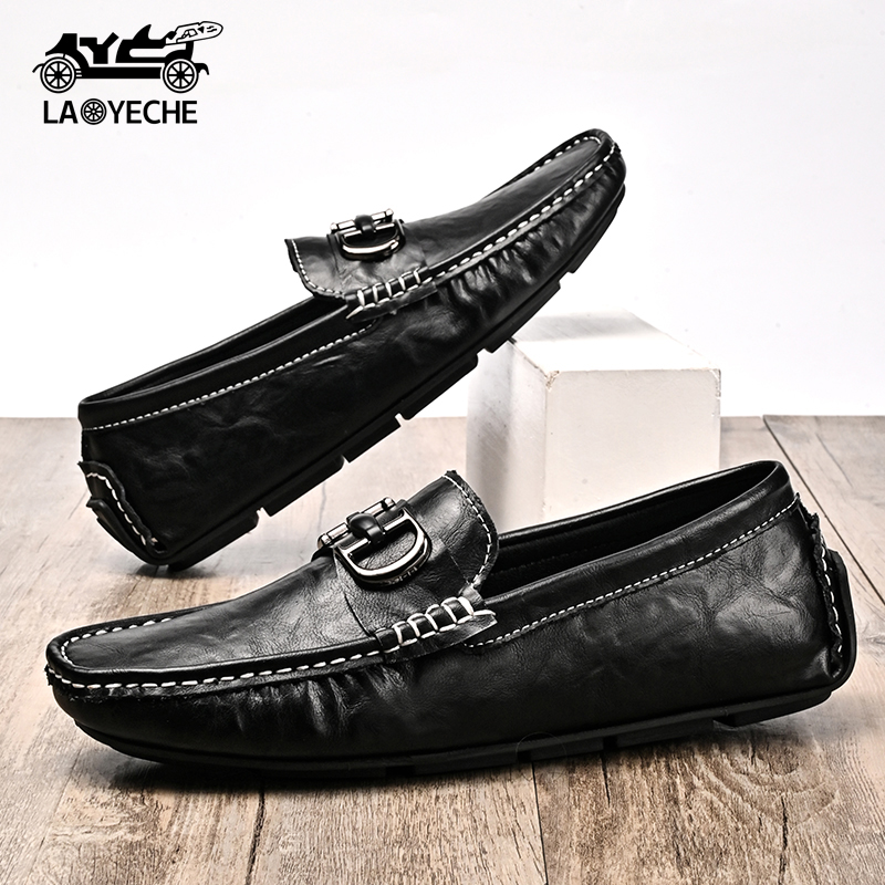 老爷车豆豆鞋男鞋男士百搭夏季透气真皮软底时尚潮流套脚驾车鞋