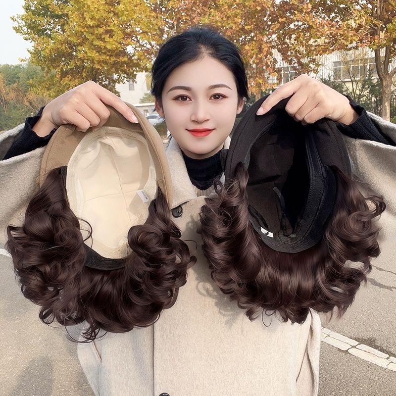 时尚保暖帽子假发一体加厚羊毛呢渔夫帽慵懒卷洋气减龄短卷发头套