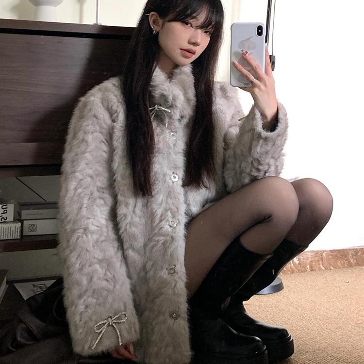 秋冬季新款立领染尖毛毛外套2025蝴蝶结毛绒皮毛一体高级感上衣女