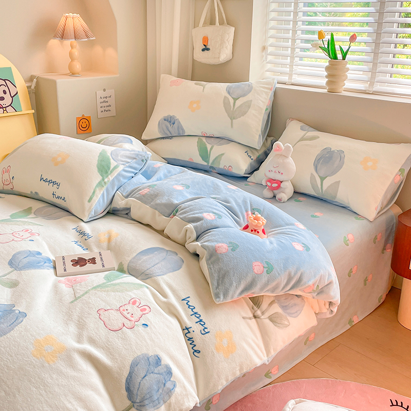 小清新珊瑚绒牛奶绒床上四件套冬季双面加厚法兰绒床单被套三件套