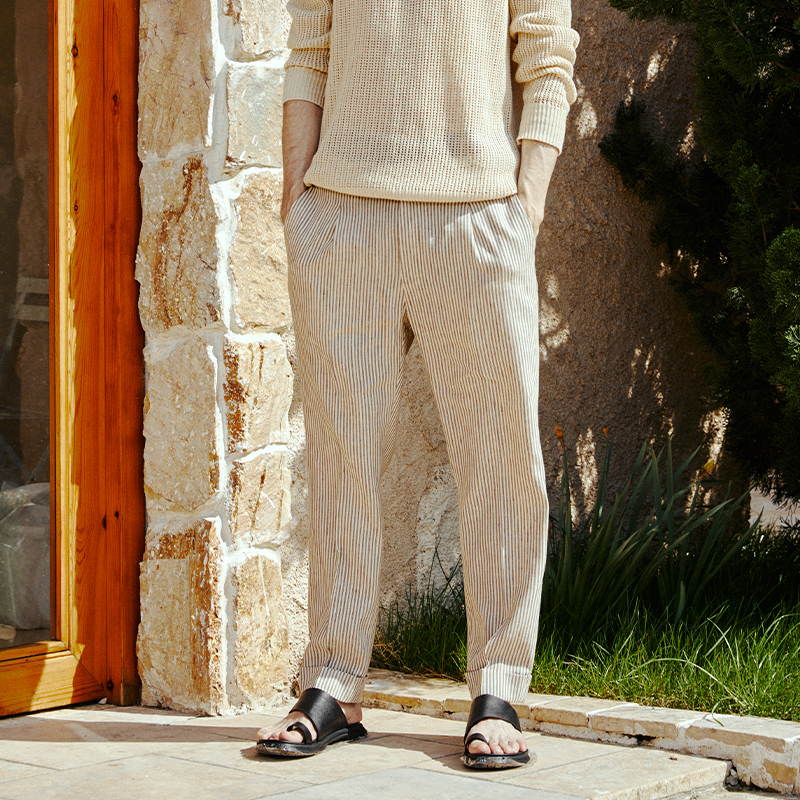 Lostin Antico原创设计意式条纹亚麻男士商务休闲男裤修身