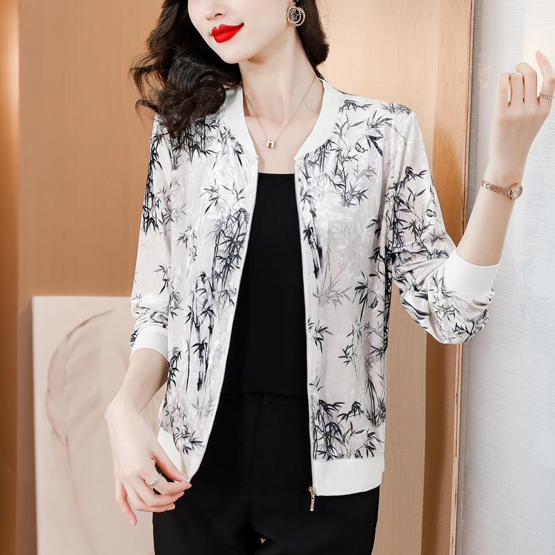 花色棒球服女秋装新款韩版时尚百搭立领小短款长袖丝绒通勤小外套