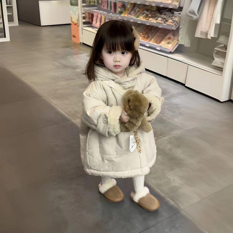 女童羊羔绒外套加绒加厚冬季女宝宝韩版中长款两面穿宽松连帽服
