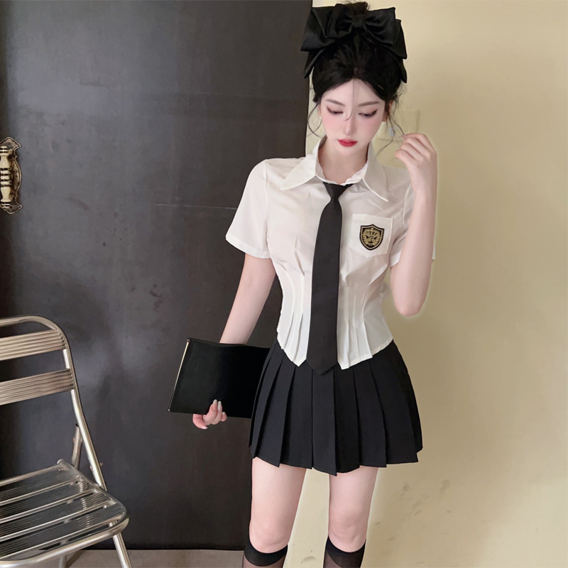jk制服套装纯欲风短款收腰白衬衫女夏款设计感小众上衣小个子衬衣