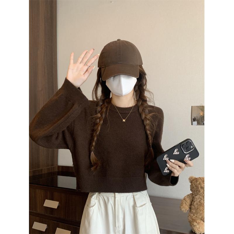 咖色短款针织打底衫女秋冬高腰正肩内搭美拉德毛衣小个子大朗上衣