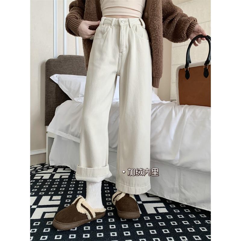 米白色复古加厚加绒牛仔裤女秋冬季宽松直筒显瘦高腰阔腿长裤裤子