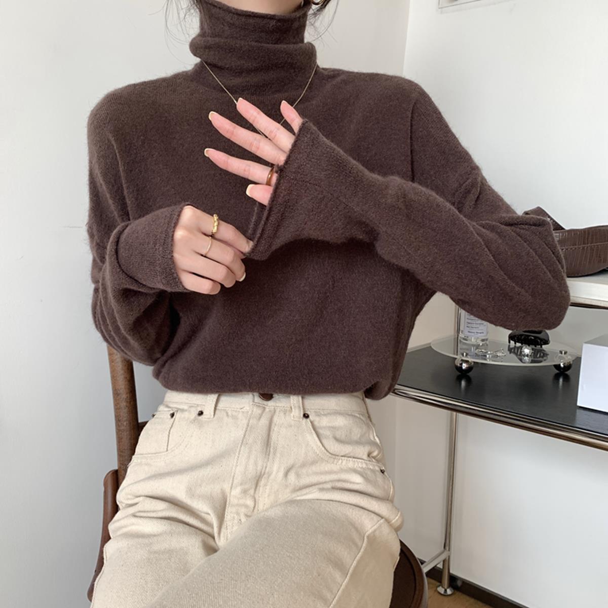 美拉德咖色毛衣打底衫女秋冬2023新款义乌内搭堆堆领高领针织上衣