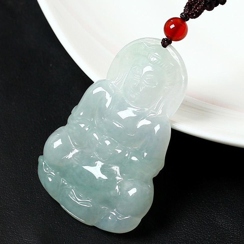 高端天然翡翠A货打坐观音款式冰底双面精雕吊坠赠珠链DD827