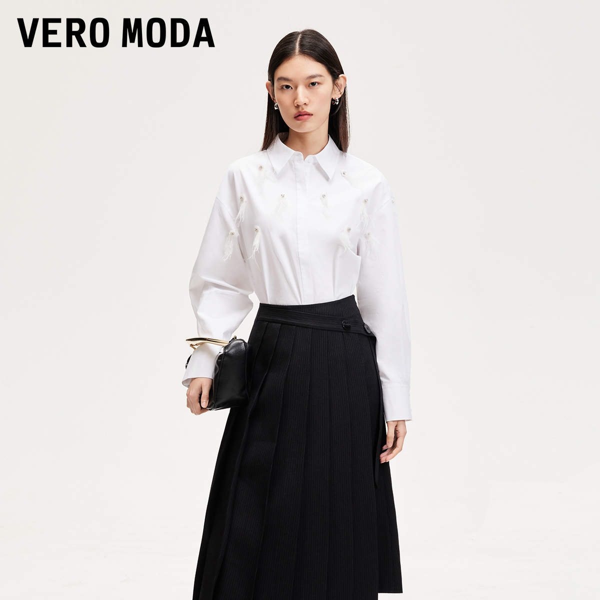 Vero Moda商场同款新品衬衫设计感重工镶钻羽毛装饰宽松高级感
