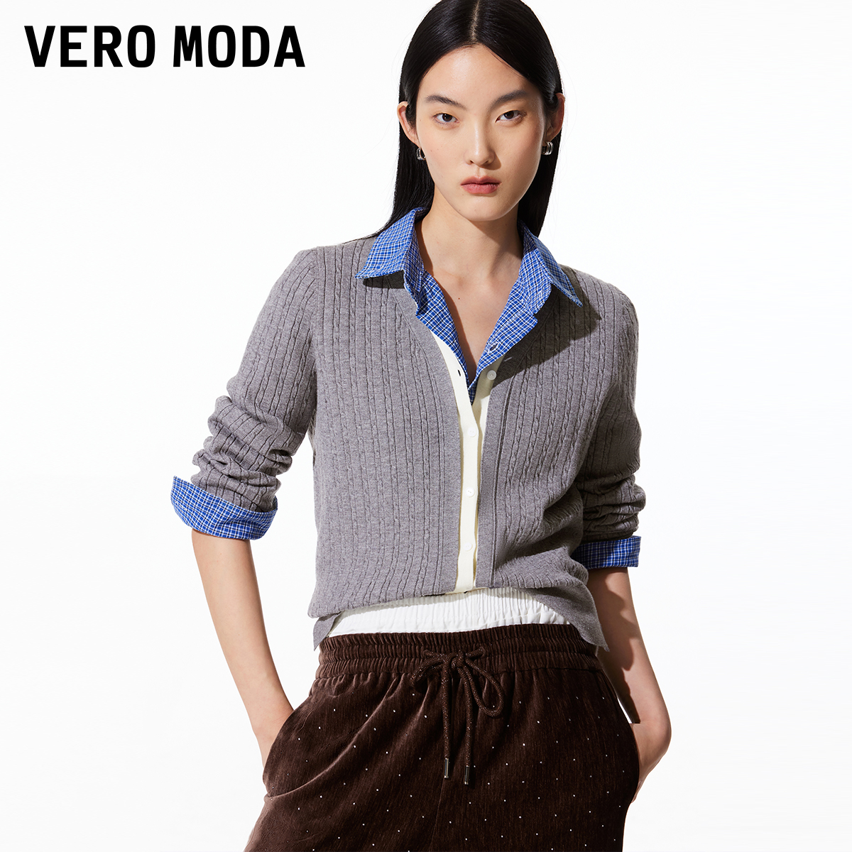 Vero Moda针织衫女2025新款假两件MIU系麻花格雷系洋气百搭慵懒风