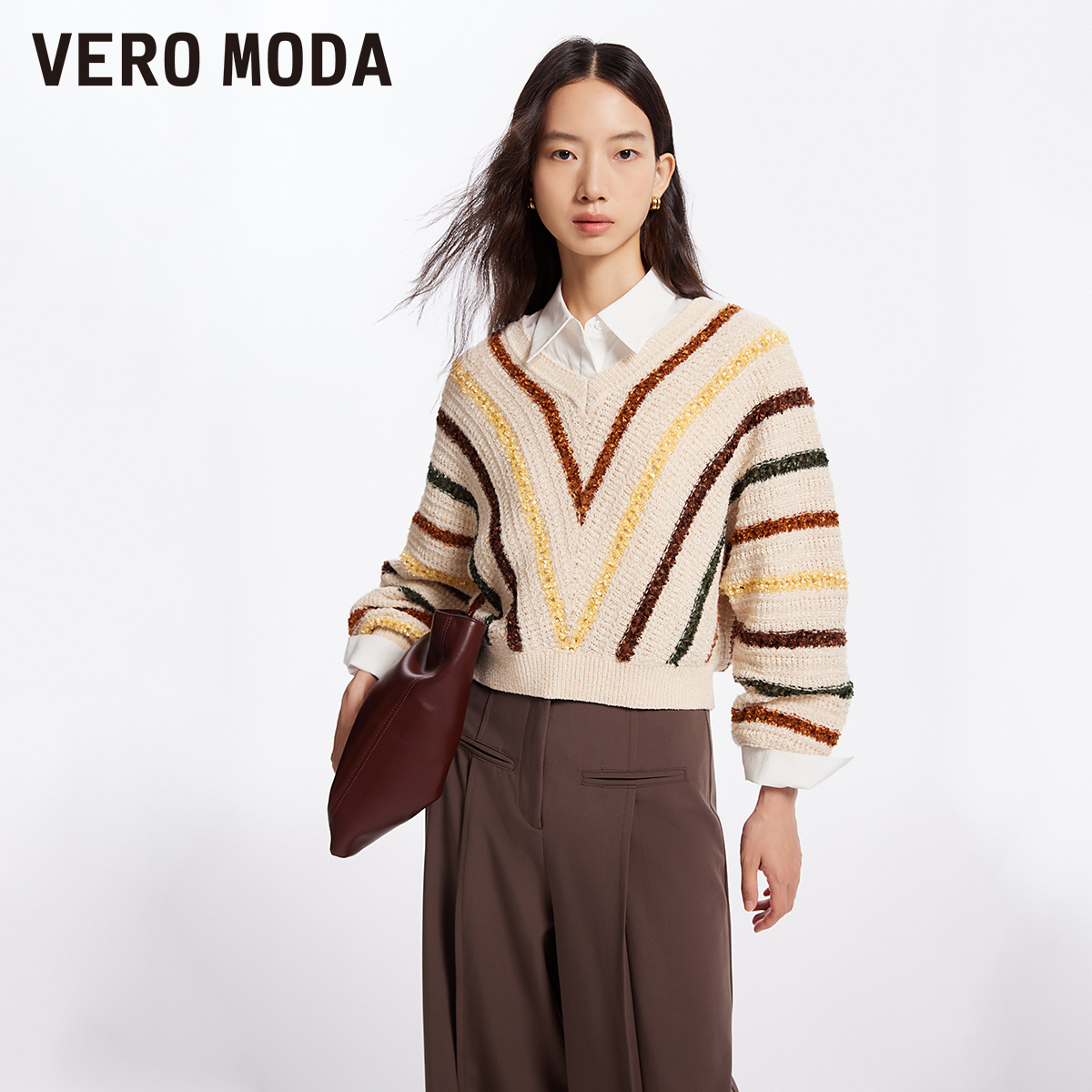 Vero Moda毛衣2025新款休闲舒适条纹V领宽松长袖洋气松弛感慵懒风