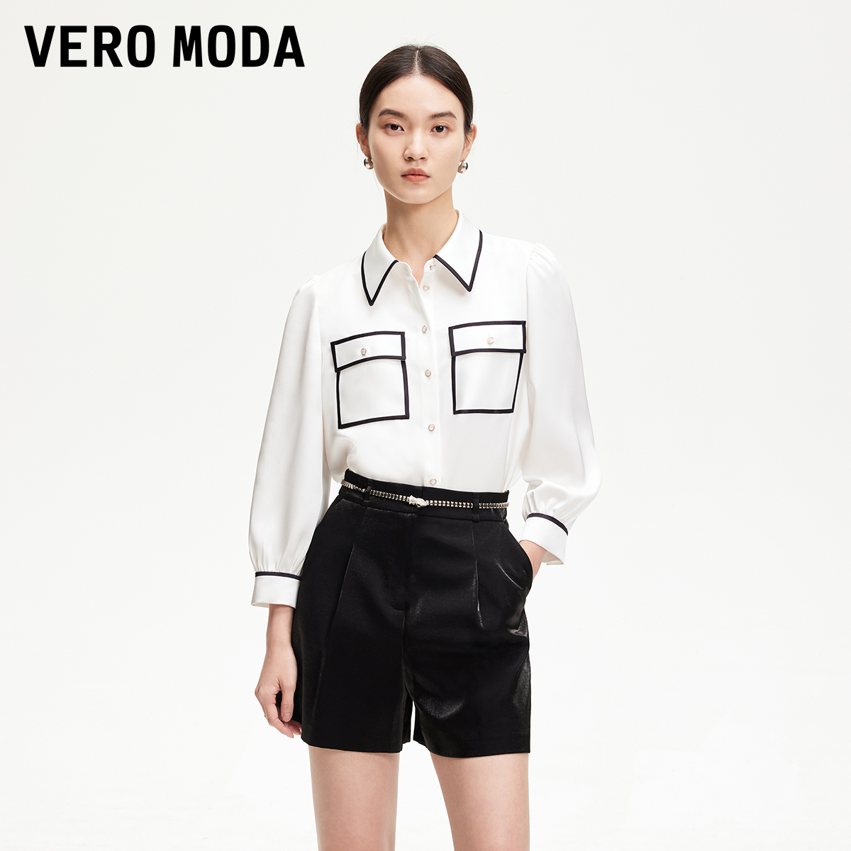Vero Moda衬衫2025新黑白撞色光泽感面料洋气出游高级感开衫贵气