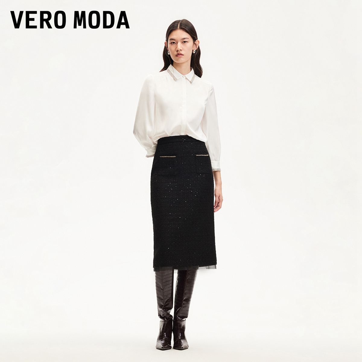 Vero Moda衬衫女洋气春游出行光泽感面料金属装饰白高级感衬衣