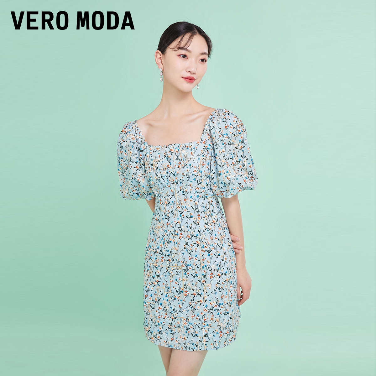 Vero Moda连衣裙复古女甜美短款碎花短裙字方领气质蓝色洋气小众