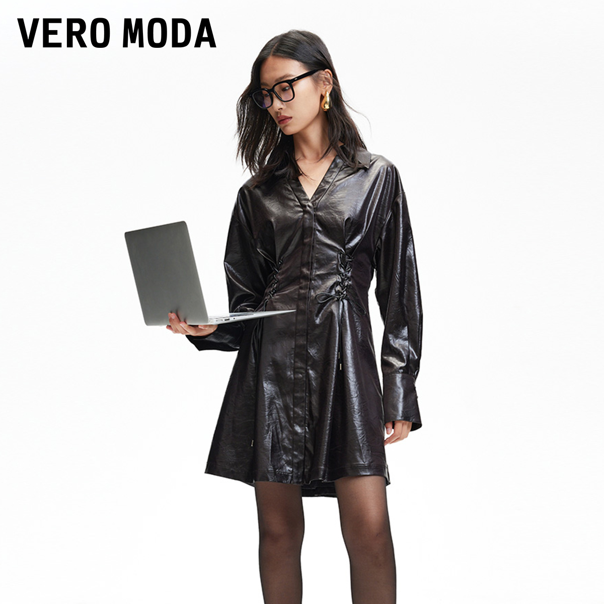 Vero Moda连衣裙女2025新款光泽感面料连衣裙美拉德老钱风松弛感