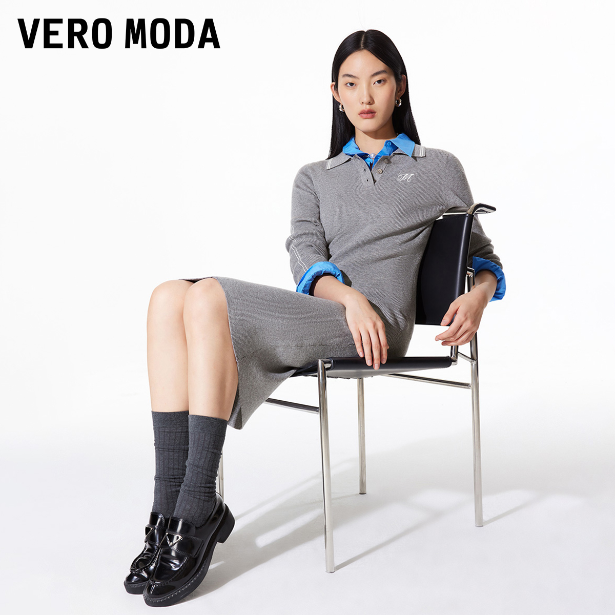 Vero Moda连衣裙女2025新款条纹竖坑条POLO领MIU系百搭慵懒风贵气