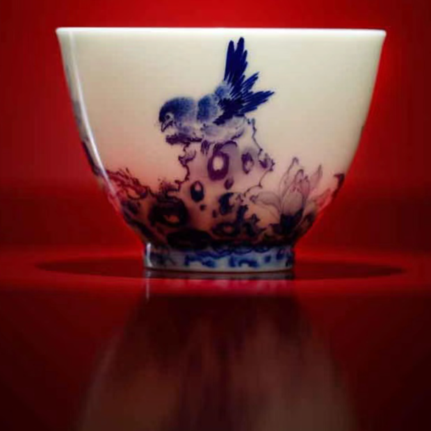 景德镇三和铭窑高温烧制纯手工纯手绘高档釉下青花秋菊鸟石图杯