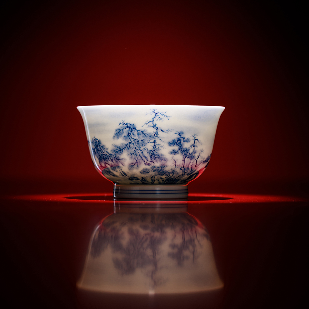 景德镇三和铭窑高温烧制陶瓷全手工全手绘釉下青花山居图主人杯