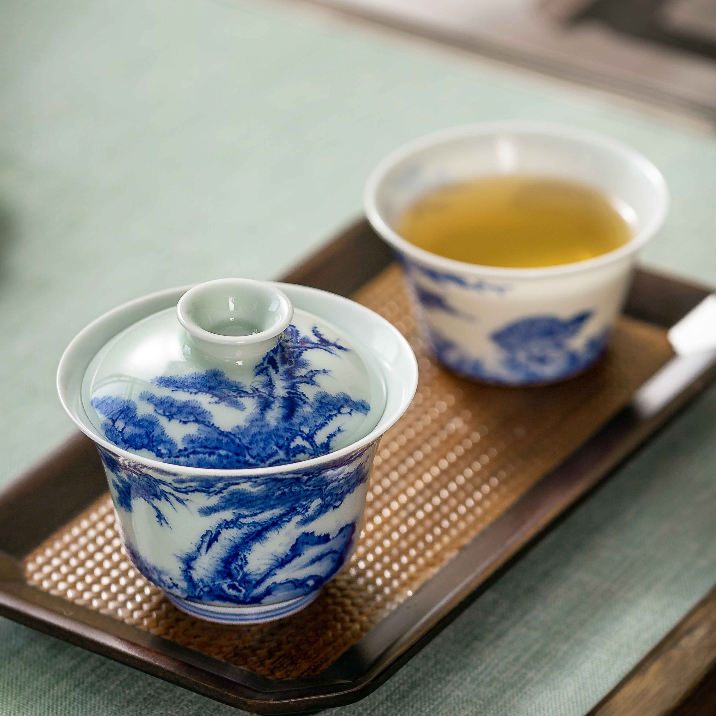 景德镇三和铭窑陶瓷纯手工纯手绘釉下青花静听松风套组高端茶具