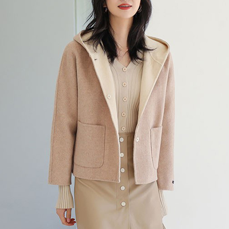 浅美奈新款双面毛呢外套女2023秋冬羊毛大衣小个子连帽外套短款女