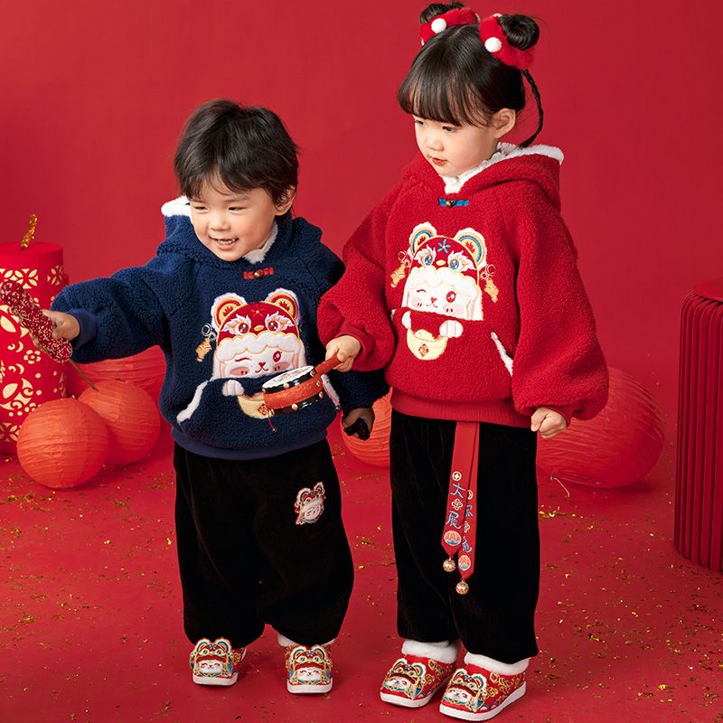 新品男女童冬装拜年服套装新款兔年加绒加厚卫衣喜庆表演