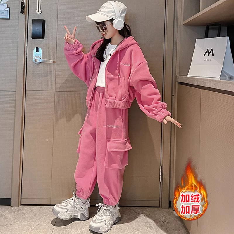 女童套装摇粒绒秋冬新款儿童网红洋气时髦加绒加厚运动两件套
