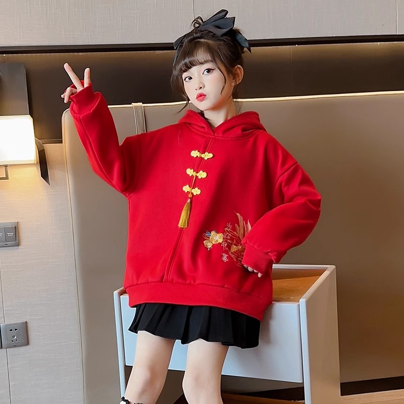 新品女童红色卫衣大童加绒国风新年拜年服上衣秋冬龙年本