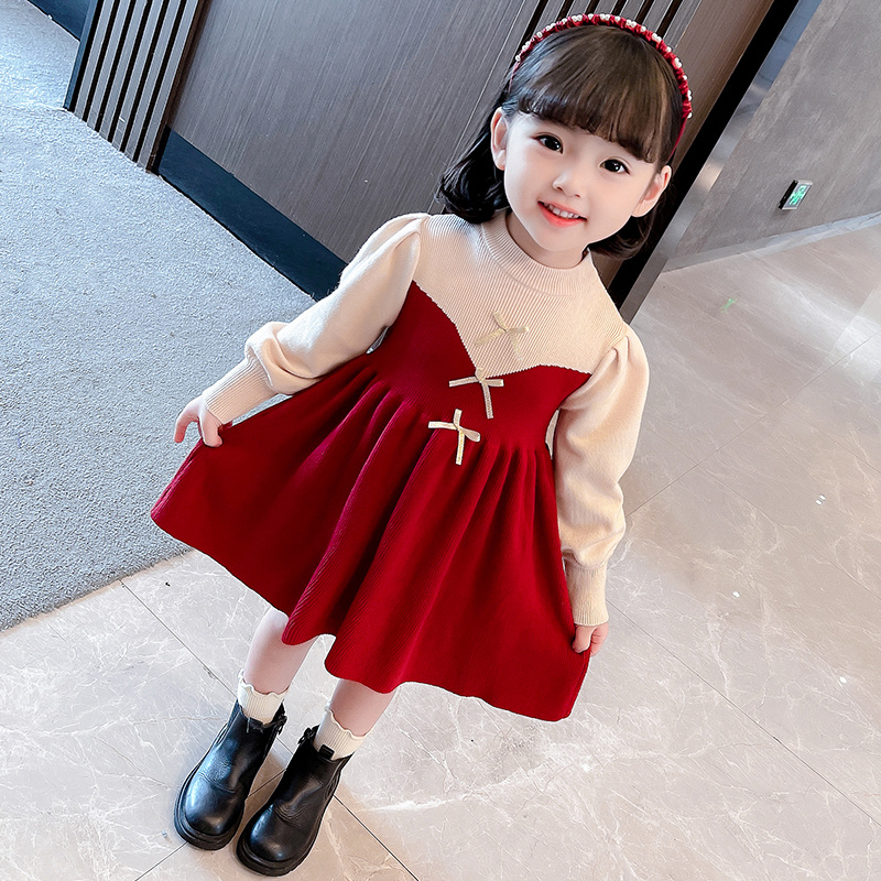 红色拜年服针织女童连衣裙春秋季新款女宝宝衣服洋气公主裙子