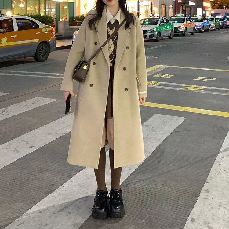 韩系大衣女加绒加厚宽松大码200斤中长款秋冬季新款气质毛呢外套