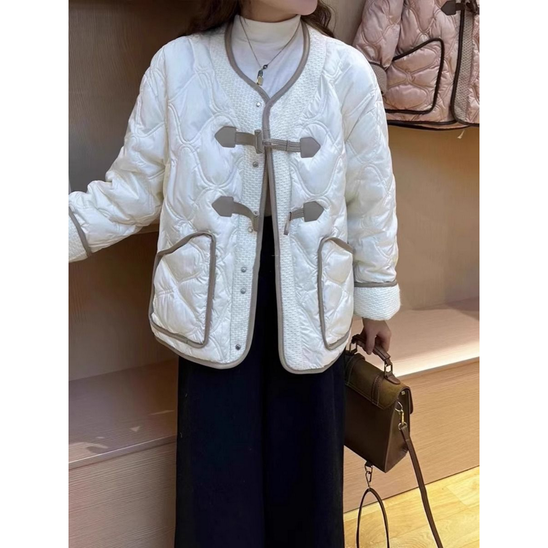 设计感轻薄菱形格棉服女秋冬装大码宽松时髦气质夹棉圆领棉衣外套