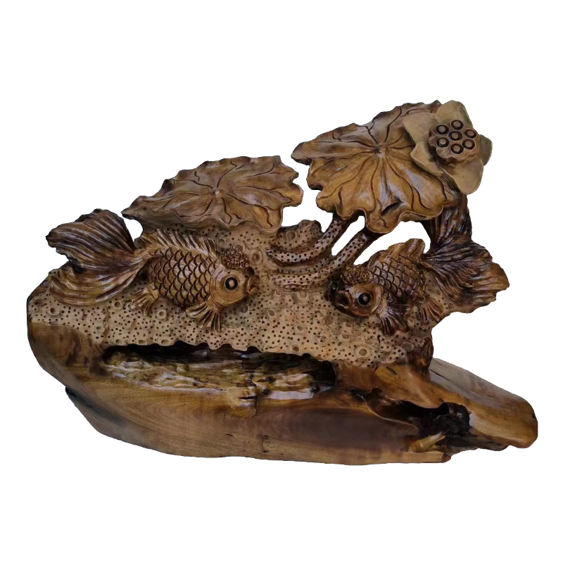 根雕摆件金丝楠木 莲年有鱼（余）纯手工雕刻