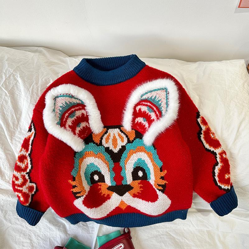 秋冬季女童加厚毛衣2023秋冬新款洋气宝宝兔子过年针织衫上衣男童