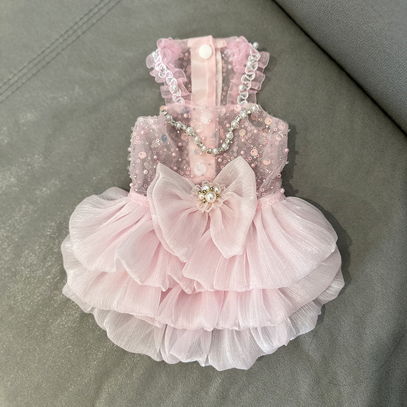 宠物婚纱礼服粉色珠绣高定狗狗公主裙猫咪手工定制原创