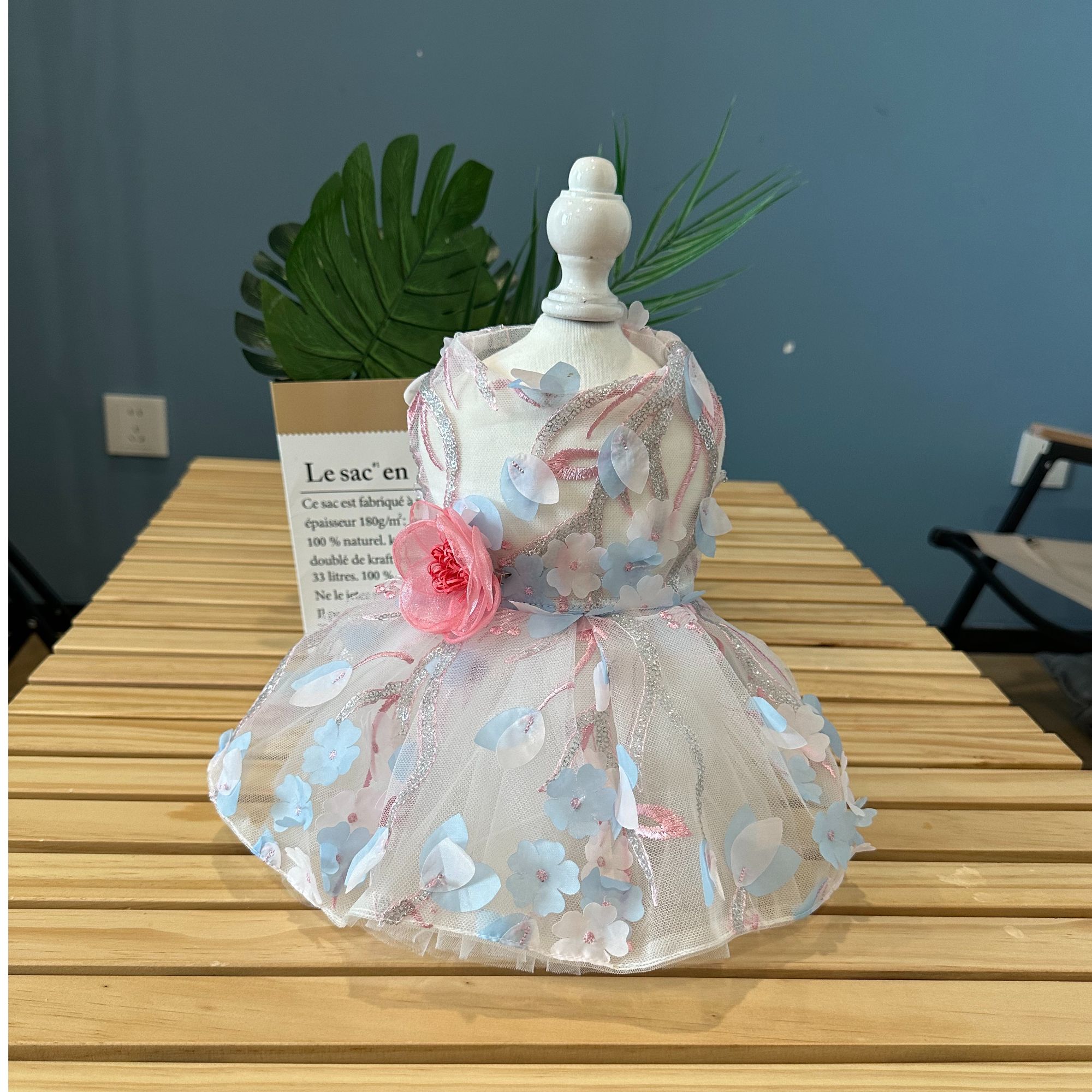 宠物高定公主裙淡蓝立体花狗狗猫咪甜美蓬蓬裙礼服婚纱