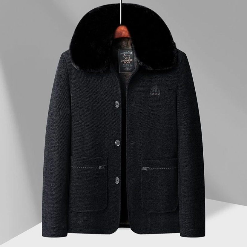 {羊毛可脱卸毛领}中老年爸爸加绒加厚外套男士冬季羊毛呢外套