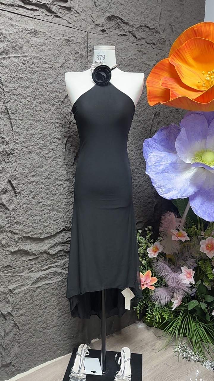 网纱挂脖前短后长连衣裙