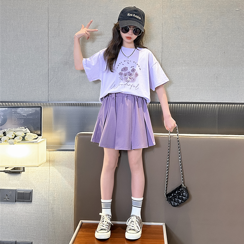 女童裙裤套装紫色新款夏装裙2024新款儿童夏款半身裙套装学院风女
