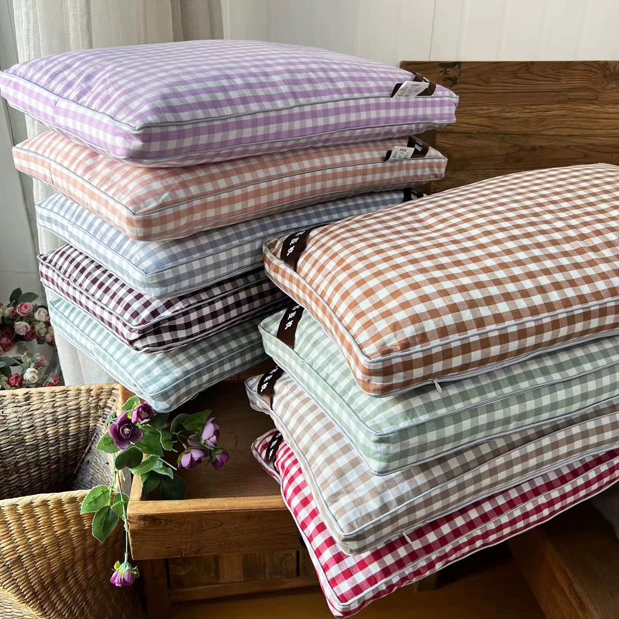 简约纯棉老粗布填充高粱米花或荞麦皮枕头单人宿舍护颈枕成人家用