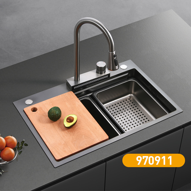 JOYLINK/左邻柠檬手工水槽不锈钢飞雨瀑布大单槽带沥水篮盆中盆