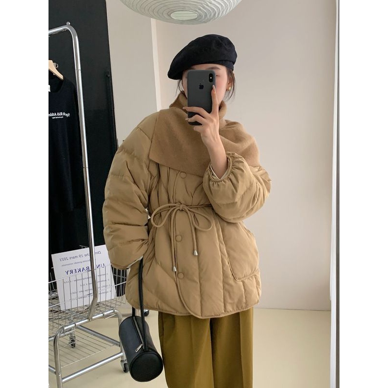 雪中飞韩国2023冬新款羽绒服女设计感针织围脖收腰系带时尚洋气短