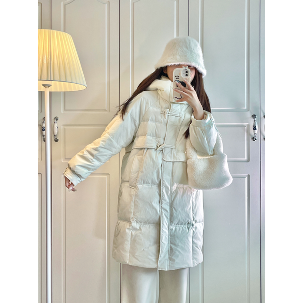 雪中飞2023年冬季新款羽绒服女中长款过膝牛角扣宽松加厚白鸭绒学