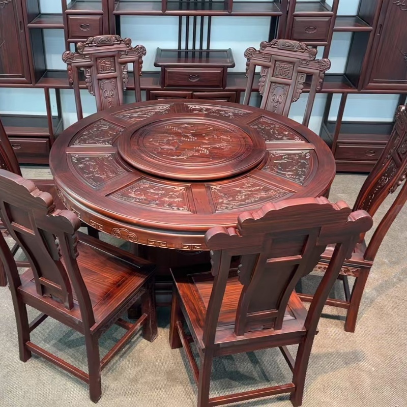 实木新古典满雕1.58米圆形餐桌客厅别墅酒店家用带转盘餐桌椅整套