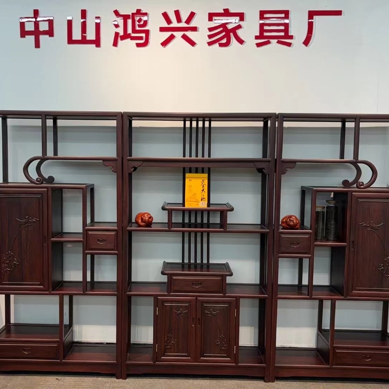 实木新古典轻奢雕花3组合博古架家用办公室别墅置物摆件收纳架子