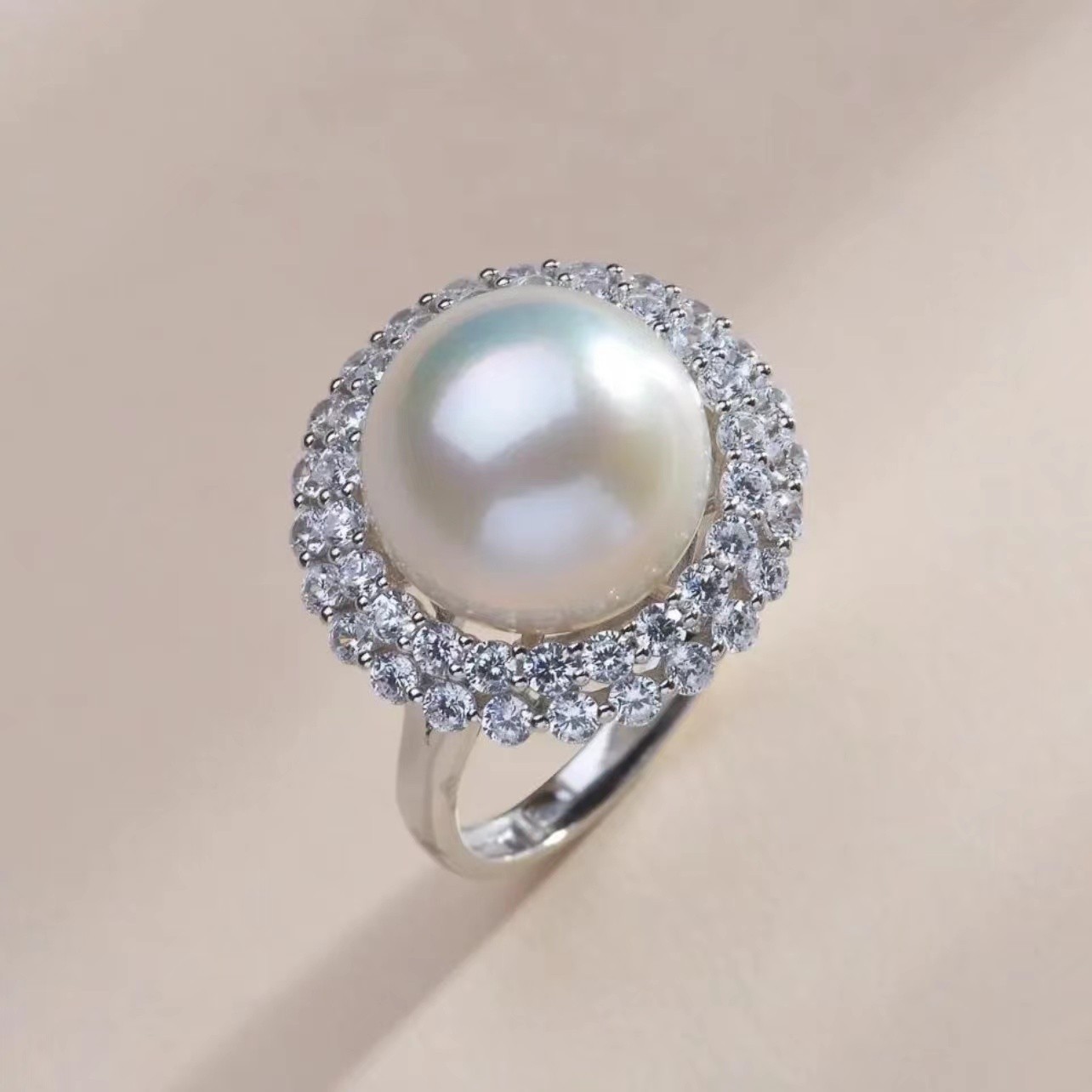 天然淡水珍珠13-14mm白珠通体S925银太阳花戒活口可调节戒指银戒