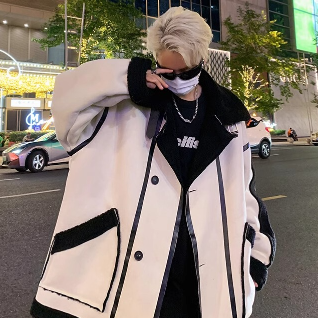 法乐琪高街美式复古大码外套冬装羊羔毛棉服男宽松加绒加厚棉衣潮