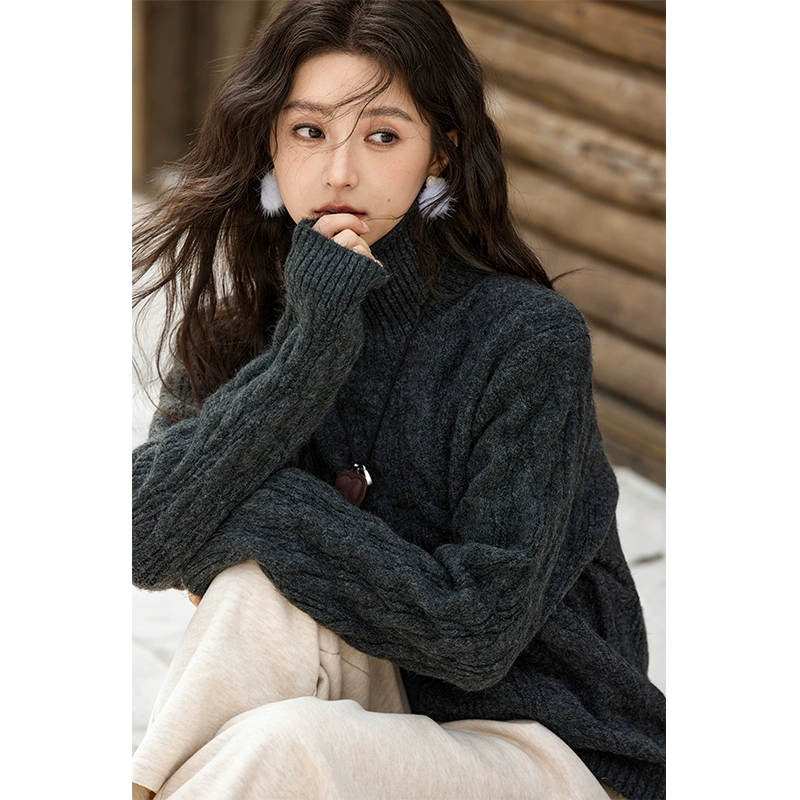 【年末大促】谜秀高领麻花慵懒风软糯毛衣秋冬保暖通勤气质上衣长袖