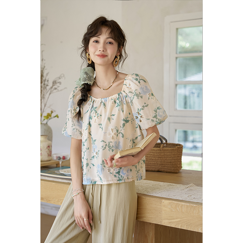 【年中大促】谜秀新品碎花镂空衬衫夏季韩版设计感小众法式衬衣女