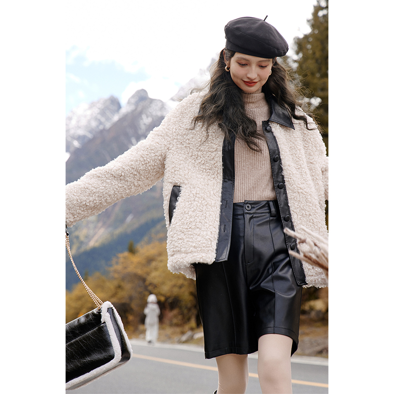 【年中大促】谜秀毛毛短外套新款撞色翻领拼接加厚MXC52W0151